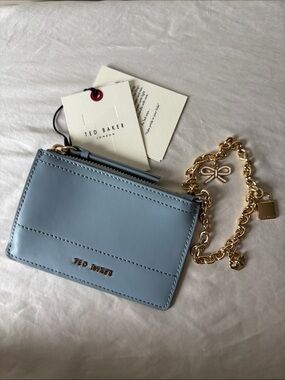 NWT Ted Baker Light Blue Leather Card Case with Gold Charm Chain